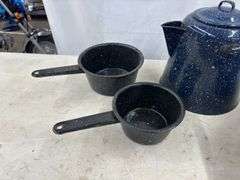 Enamel Coffee Pot & (2) Cooking Pots