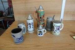 Collection of beer steins & sm. crock