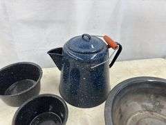 Enamel Coffee Pot & (2) Cooking Pots
