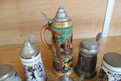 Collection of beer steins & sm. crock