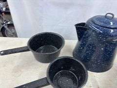 Enamel Coffee Pot & (2) Cooking Pots