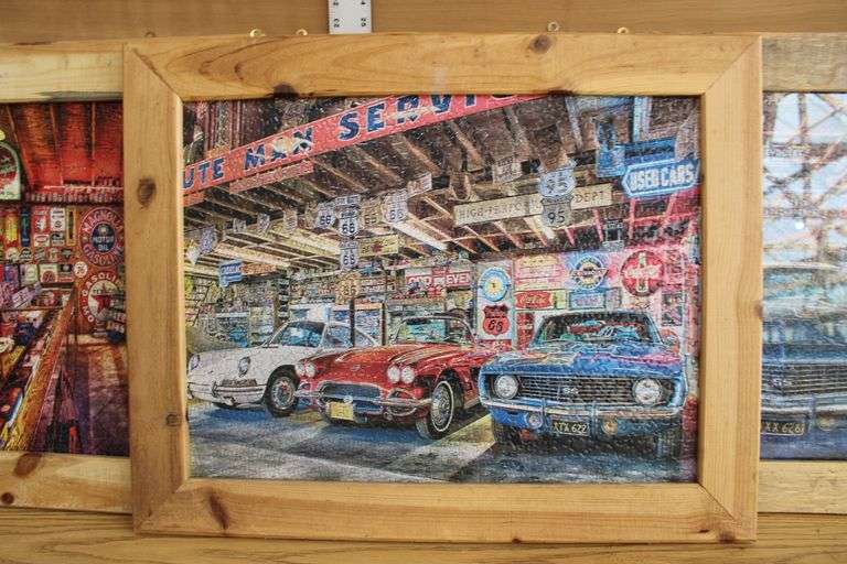 4 Old Garage themed framed puzzles, 23" x 29"