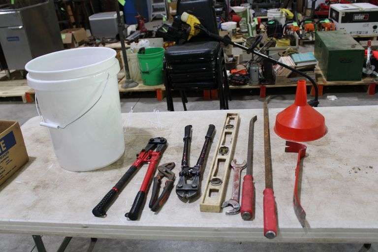 Pail w/bolt cutters, bars, level & misc.