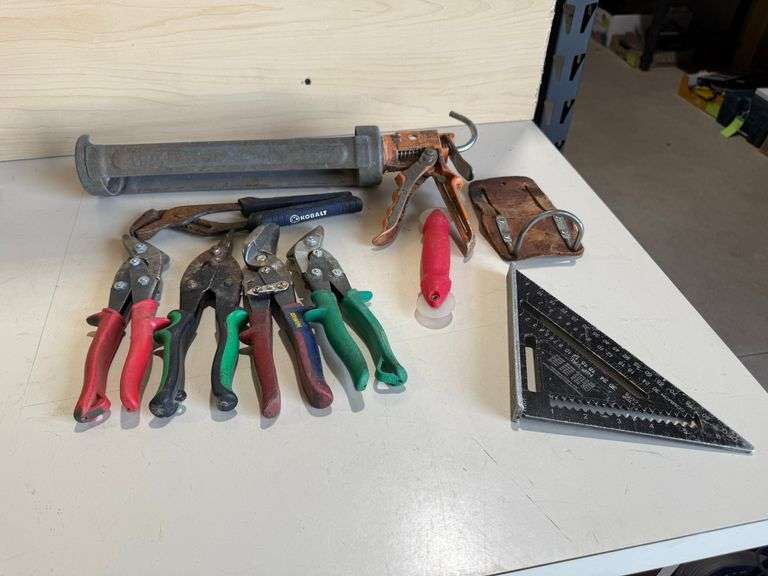 Tin Snips, Channel Lock, Caulk Gun, & Square