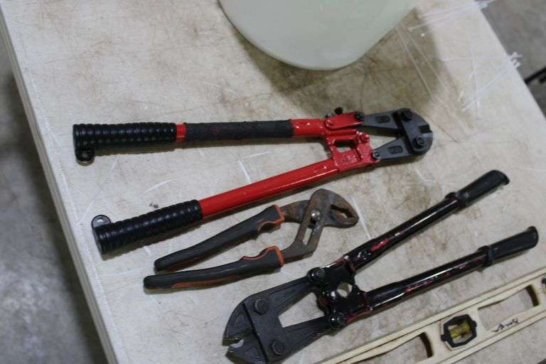Pail w/bolt cutters, bars, level & misc.