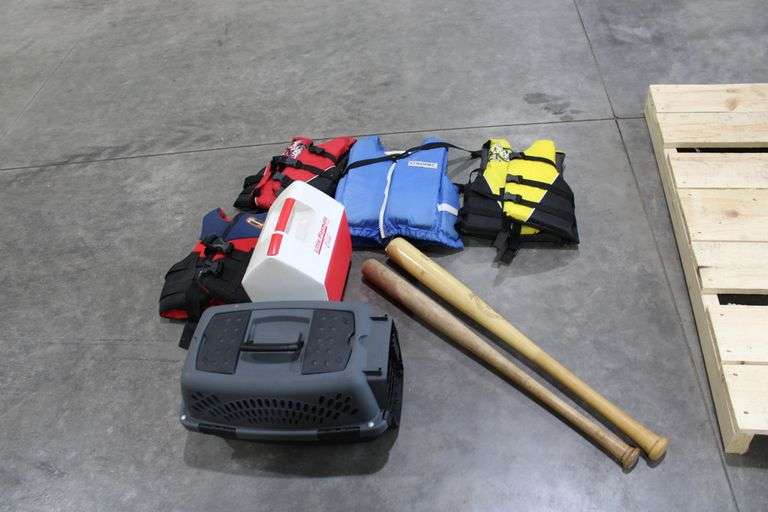 4 youth life jackets, cooler, bats & pet carrier