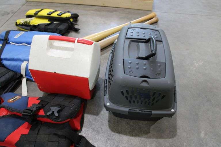 4 youth life jackets, cooler, bats & pet carrier