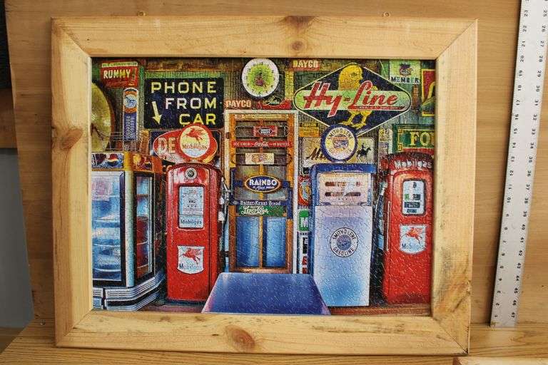 4 Old Garage themed framed puzzles, 23" x 29"