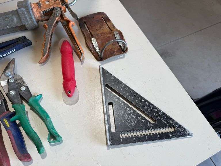 Tin Snips, Channel Lock, Caulk Gun, & Square