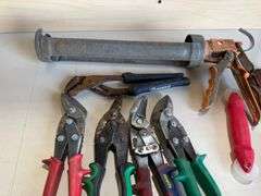 Tin Snips, Channel Lock, Caulk Gun, & Square