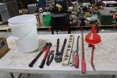 Pail w/bolt cutters, bars, level & misc.