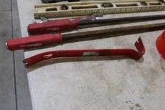 Pail w/bolt cutters, bars, level & misc.