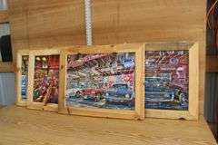 4 Old Garage themed framed puzzles, 23" x 29"