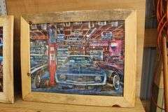 4 Old Garage themed framed puzzles, 23" x 29"