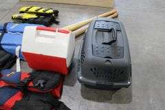 4 youth life jackets, cooler, bats & pet carrier