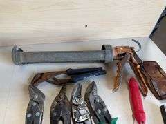Tin Snips, Channel Lock, Caulk Gun, & Square