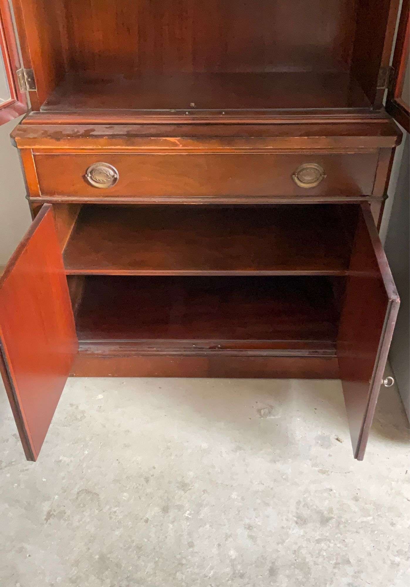 Drexl Display Cabinet, One Piece, Glass Front Top, Wood Bottom Doors,  36x18x72 - Maring Auction Co LLC