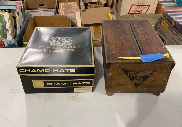 Vintage wooden prune box, Champ Hats box