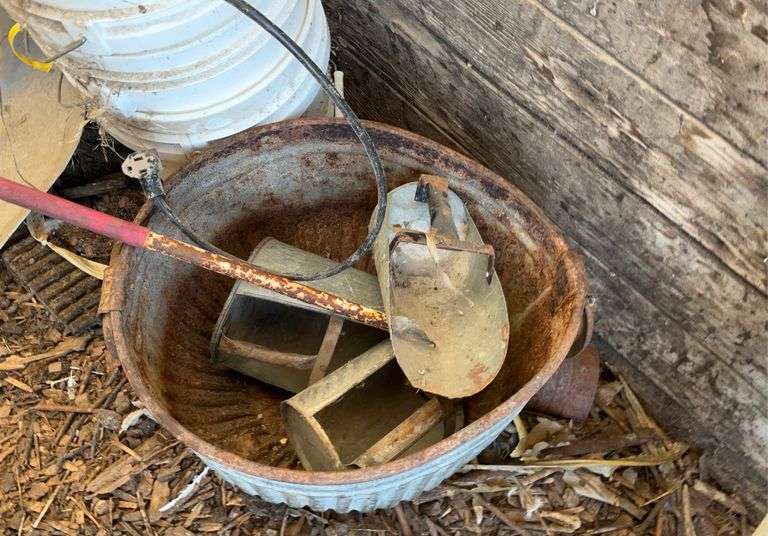 Plastic pails, aluminum scoop shovel, feed scoops, bushel basket, thermostat