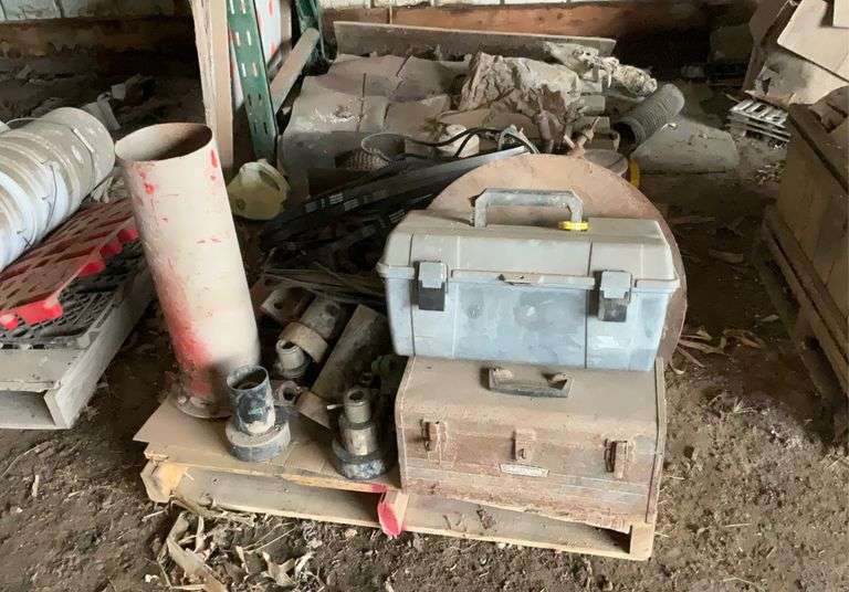 Pallet containing-hitchpins, roller chains, belts, cornhead drive parts, toolboxes, assorted parts