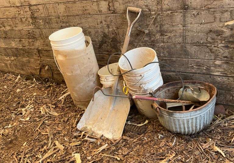 Plastic pails, aluminum scoop shovel, feed scoops, bushel basket, thermostat