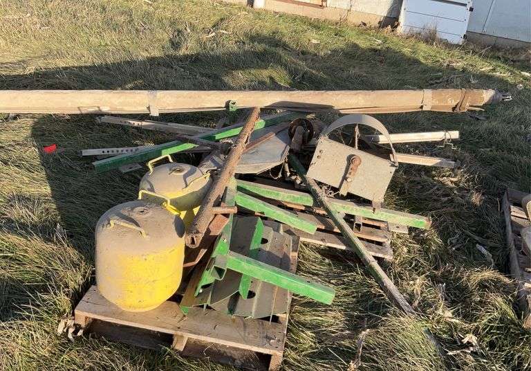 Assorted square tubing brackets, PTO shaft, fan (no motor),empty Freon tanks with threaded inlet, us
