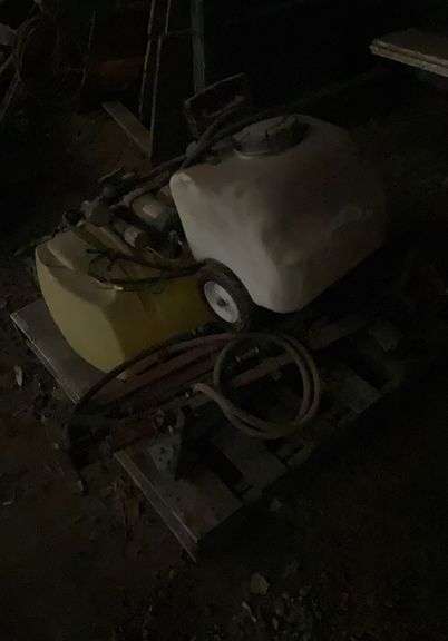 30 gallon mountable sprayer with boom 12 V pump(condition unknown), wheeled spray tank with hose