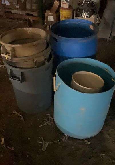 Rubbermaid garbage cans, plastic barrel garbage cans-one contains fertilizer