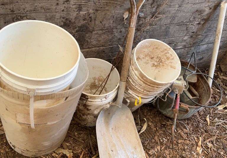 Plastic pails, aluminum scoop shovel, feed scoops, bushel basket, thermostat
