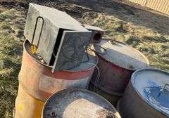 Assorted metal barrels, plastic barrels