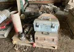 Pallet containing-hitchpins, roller chains, belts, cornhead drive parts, toolboxes, assorted parts