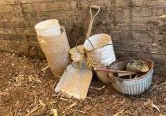 Plastic pails, aluminum scoop shovel, feed scoops, bushel basket, thermostat