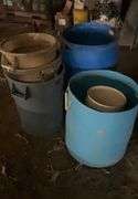 Rubbermaid garbage cans, plastic barrel garbage cans-one contains fertilizer