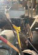 Plastic barrel containing handle tools-hoes,shovels, rakes,brooms, pry bar