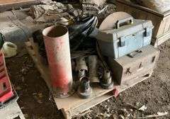 Pallet containing-hitchpins, roller chains, belts, cornhead drive parts, toolboxes, assorted parts
