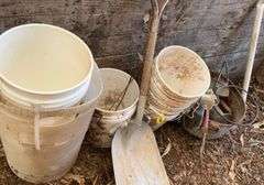 Plastic pails, aluminum scoop shovel, feed scoops, bushel basket, thermostat