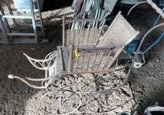 Antique steel, wheeled baby buggy
