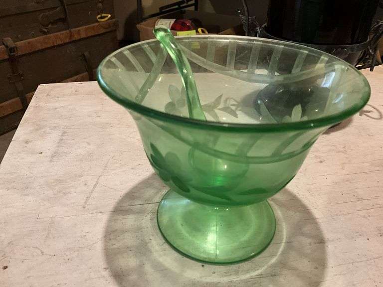 Green and Red Depression glass, pickle canister