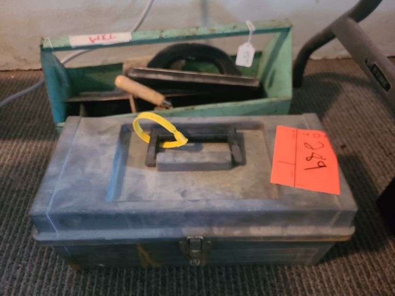 Pipe wrenches, drywall tools, 2 toolboxes.