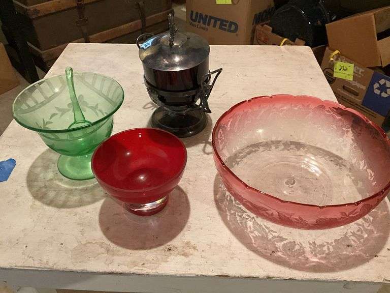 Green and Red Depression glass, pickle canister