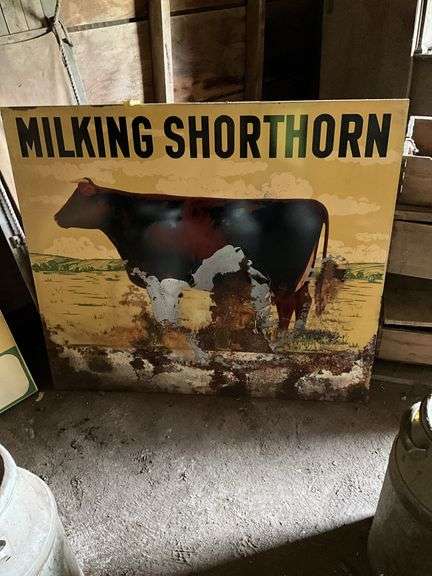 (2) Metal Milking Shorthorn Signs, Both Have Damag
