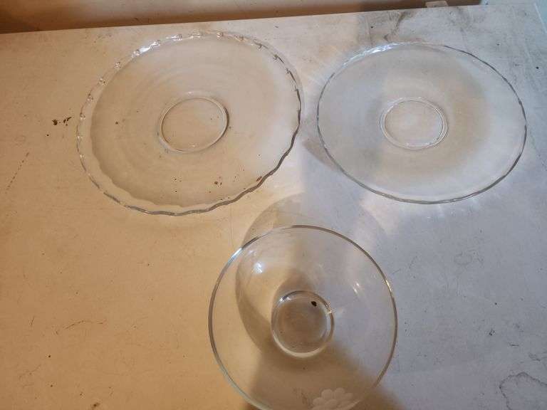 Clear Glass Bowl, (2) Clear Glass Serving Plates