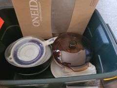 Tote containing kitchen items,-glass bowls, Cookin