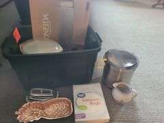 Tote containing kitchen items,-glass bowls, Cookin