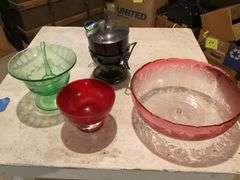 Green and Red Depression glass, pickle canister
