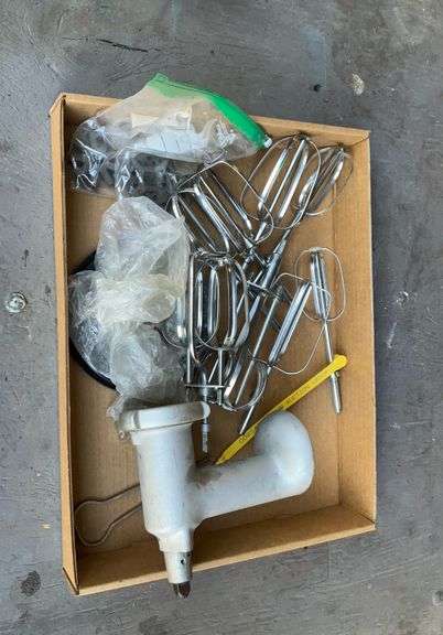 Flat of vintage misc. beaters and parts for mixers