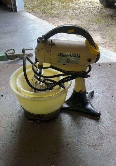 Vintage Hamilton Beach model D hand mixer with stand and two bowls and mixe