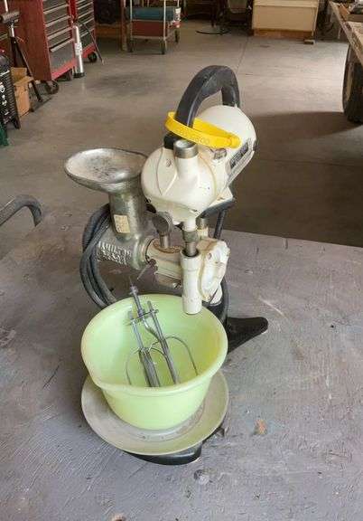 Vintage Hamilton Beach Model C hand mixer on stand with meat grinder on bow