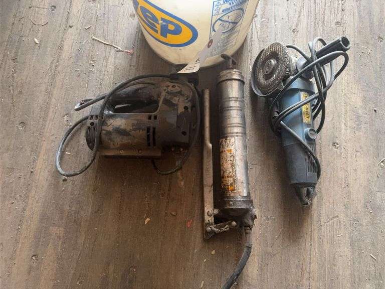 Bucket Containing, Grease Gun, WelBilt Angle Grinder, Wen Variable-Speed Sc