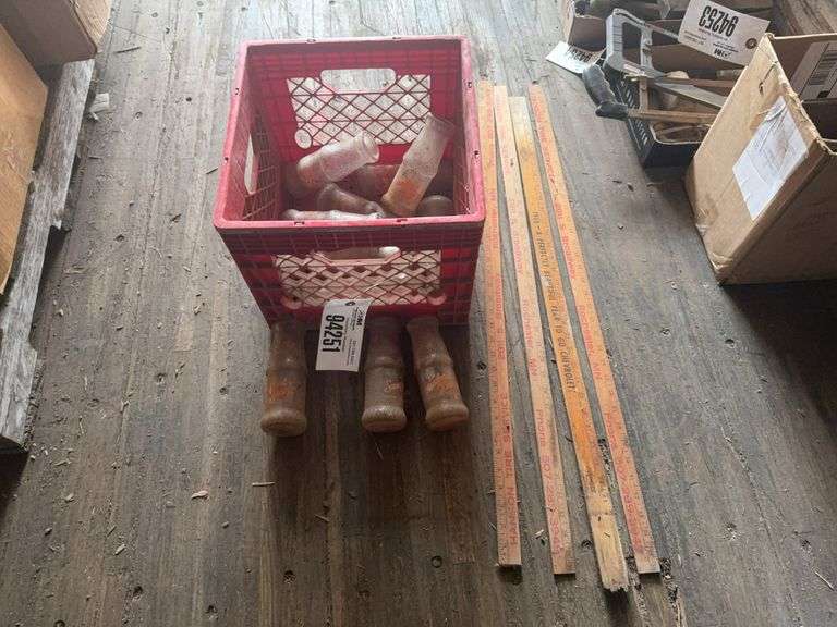 Bin of Sanford Dairy Milk Glasses, (4) Yard Sticks - Located in Semi Traile